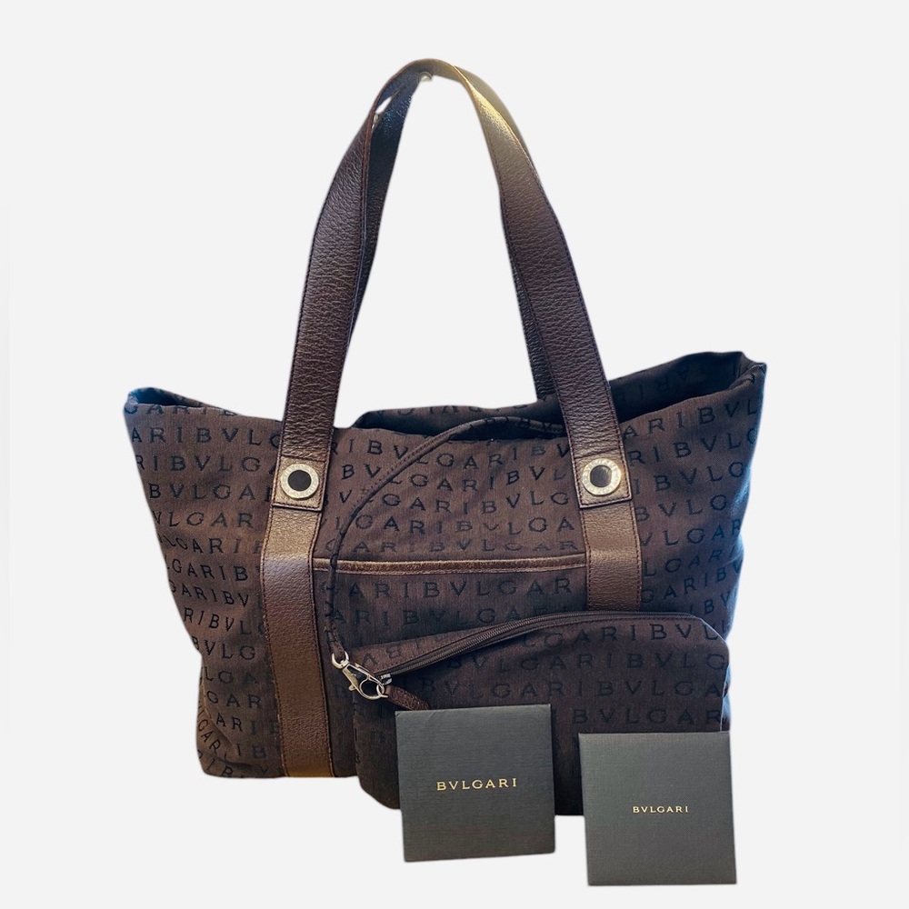 Bulgari BVLGARI Tote Bag Brown Canvas Leather